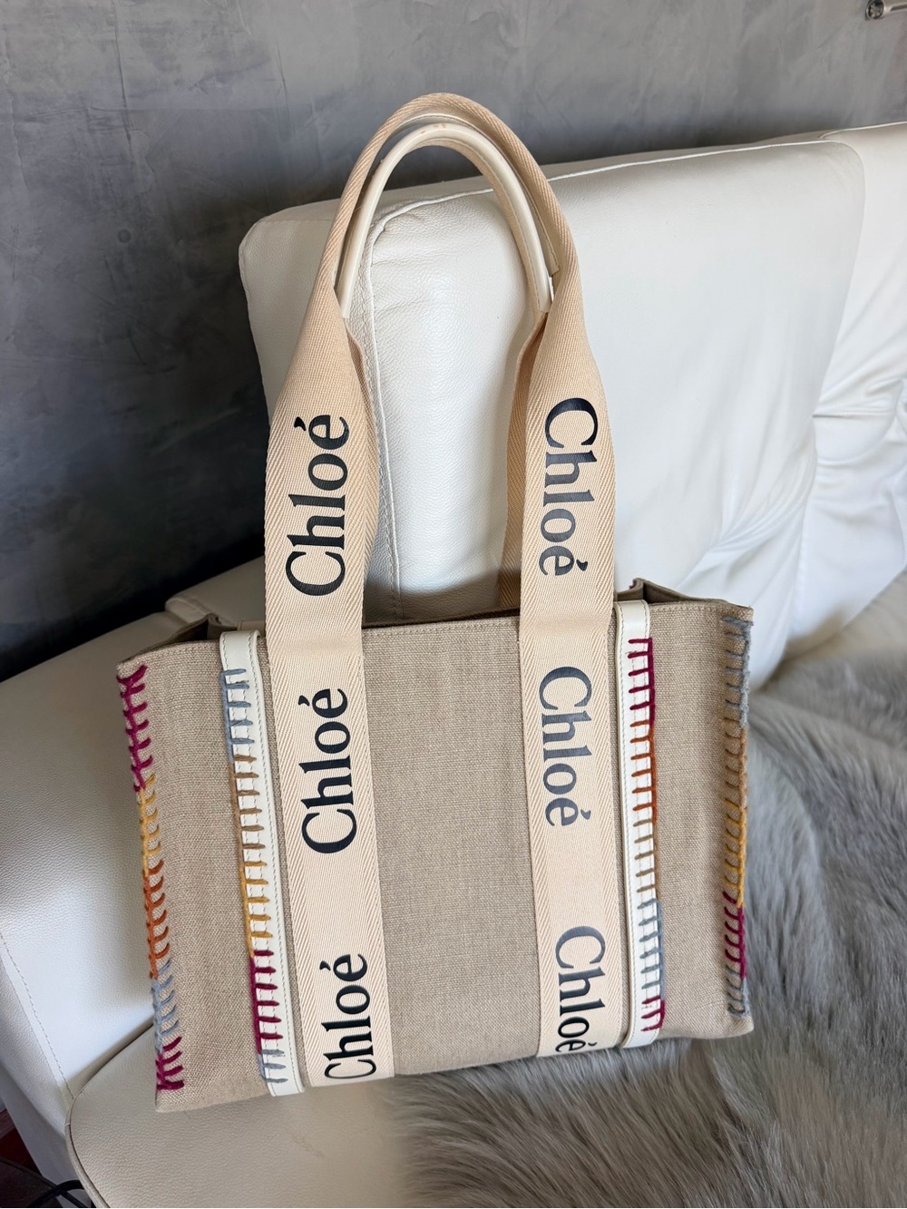 Chloe Woody Medium Logo White Leather Canvas Tote Bag